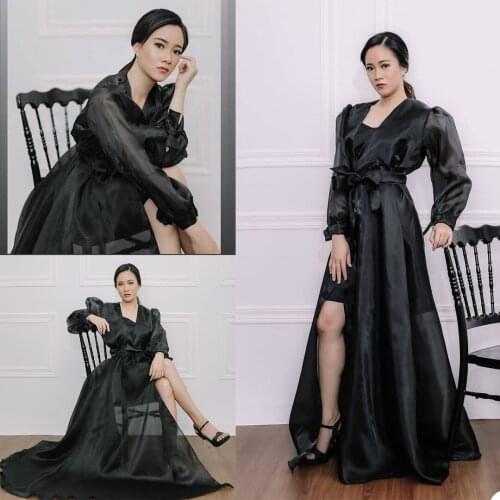 Elegant V Neck Robe Custom Made Lantern Sleeve Floor Length Gown With Belt For Photoshoot Sexy Prom Weddding Party Nightgowns