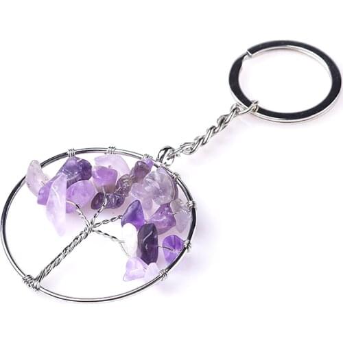 Key Ring Natural Crystal Gemstone Tree Of Life Pendant Mineral Jewelry Key Chains Seven Chakras Bag Accessories Quartz Souvenir