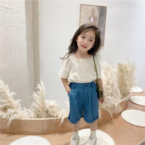 Childrens Clothing Sets Summer New Baby Girls Korean Fashion Suits Square Collar Cotton Shirts Blue Shorts 2pcs Sets For Girls