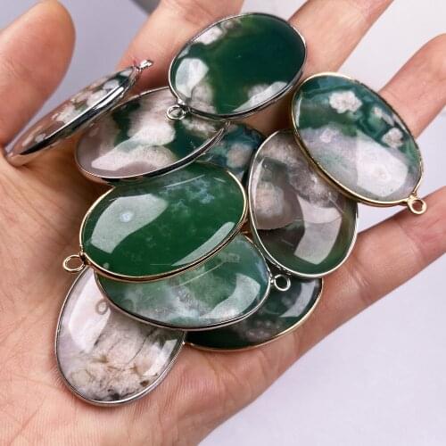 Section Egg Shape Pendant Natural Green Agates Pendant for DIY Jewelry Necklace Accessories Making 25x40mm