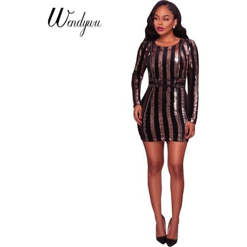 Wendywu Fashion Sexy Long Sleeve Waist Lace Up Gold Striped Sequined Club Bodycon Mini Dress