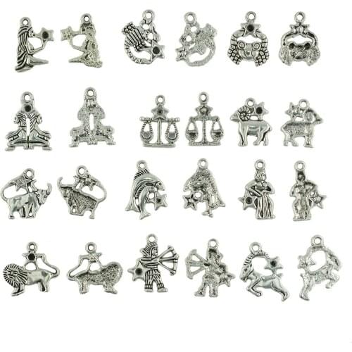 Wholesale 24 pcs 2 sets Tibetan Silver Constellation Star Horoscope Zodiac DIY Charm Jewelry Making