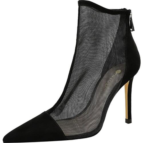 Meriahzheng Sexy Nightclub Slimming Perspective Mesh Hollow High Heels Womens Shoes Thin Heeled Pointed Ankle Boots DS-316-2