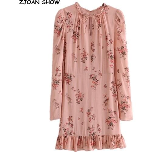 French Women Long sleeve Dress Elegant Lacing up Wood Ears Collar Floral Print Ruffle Hem Short Party Dresses Slim fit Vestido