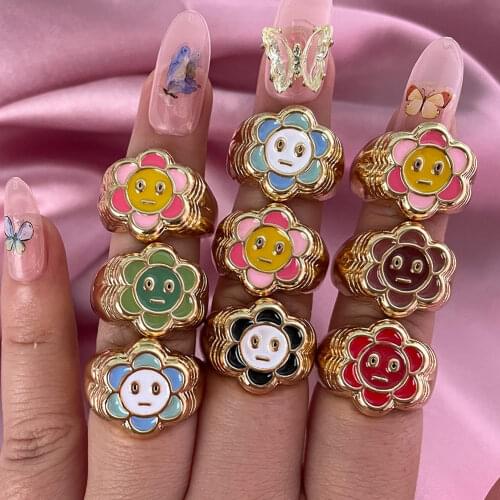 JUST FEEL 2021 New Korean Happy Smiley Face Rings for Women Colorful Enamel Flowers Yin Yang Chunky Rings Fashion Jewelry Gift