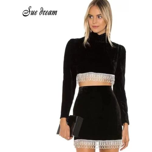 Sexy O-neck Diamond Tassel Solid Color Long Sleeve Top And Slim Mini Skirt 2-piece Set 2021 New Autumn Womens Set