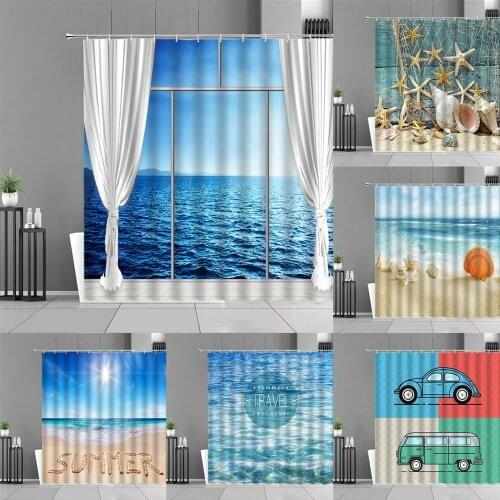 Summer Sea Scenery Shower Curtains Starfish Shell Bus Car Blue Ocean seascape Home Decor Waterproof Cloth Bathroom Curtain Hooks