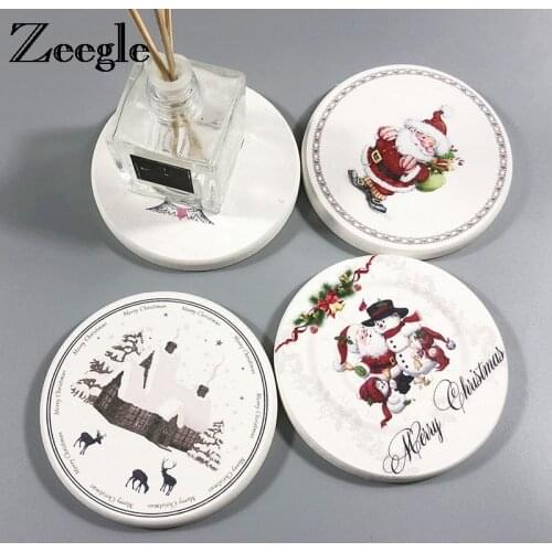 Zeegle Christmas Pattern Cup Mat Diatom Mud Coasters Mug Tea Holder Pads Non-slip Heat Proof Coffee Drink Coaster Table Placemat