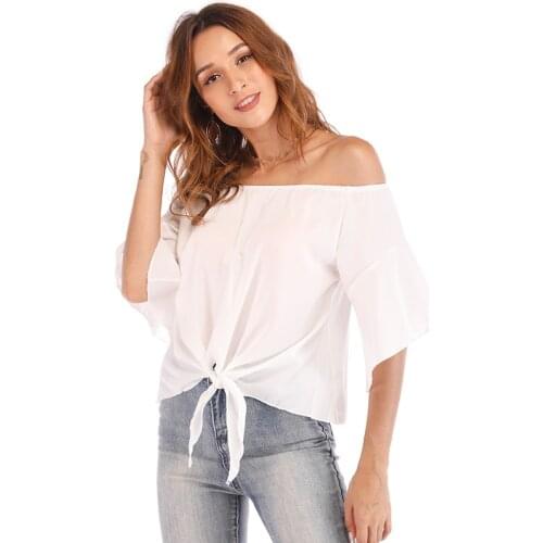 2021 Spring Summer Chiffon Shirt One-neck Flared Sleeves Tie Bow Blouse Casual Women Clothes