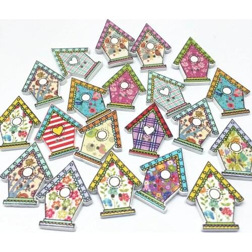 1000pcs Mixed Wood House Shaped Buttons Sewing 2 Holes Button embellishments cardmaking 25X21MM