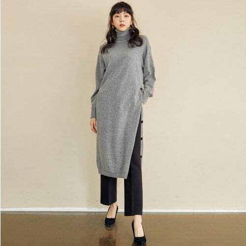 2020 Stylish Turtleneck Knitted Sweater Dress Vintage Solid Color Long Side Split Dress O-neck Autumn Dress