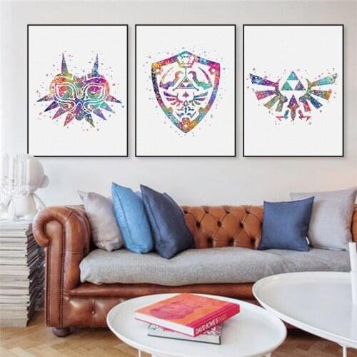 HAOCHU Watercolor Japanese Game Poster Force Symbol Mask Canvas Painting Triptych Wall Pictures for Living Room Great Memento