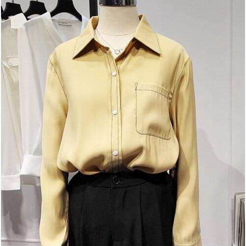 Womens Spring Summer Runway Fashion Yellow Shirt Female Casual Loose Office Lady Basic Blouse Tees Tops TB1704