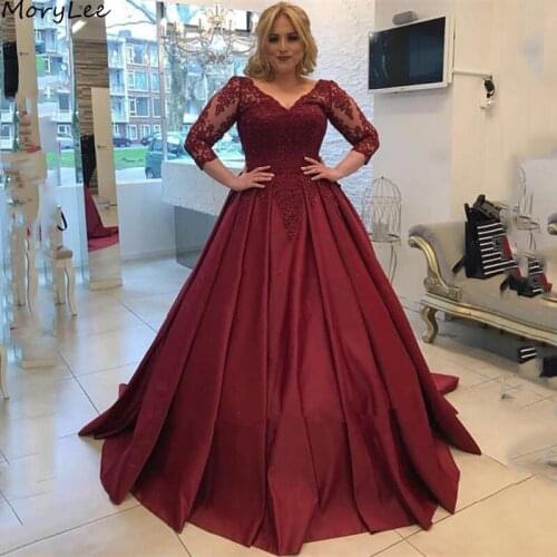 Burgundy Prom Dresses Three Quarter Sleeves A-Line Satin Lace Crystal Prom Dresses With Lace Up Back vestidos de fiesta de noche