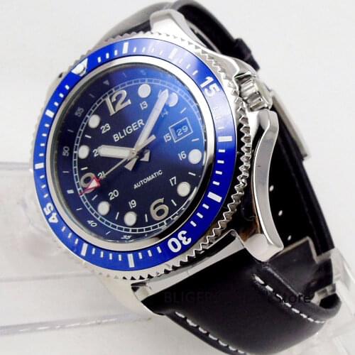 Fashion BLIGER 44MM Rotating Bezel Black Sterile Dial Mens Watch Date Luminous Hands Stainless Steel Case Automatic Movement