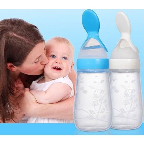 Baby Squeezing Feeding Bottles Squeeze Silicone Rice Cereal Feeding Cup Bottle Feeder Spoon Head Design Clear Scale Milk Cup
