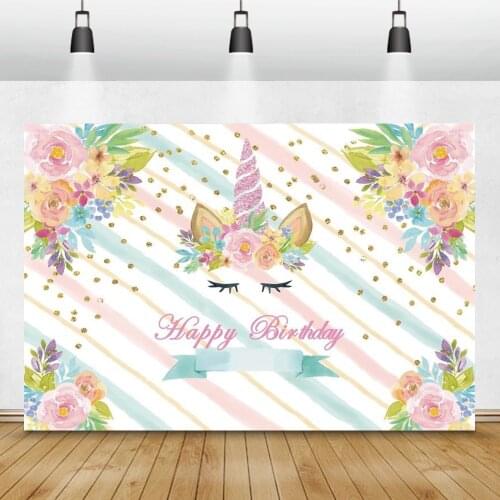 Laeacco Unicorn Birthday Party Flower Gold Spots Stripes Baby Portrait Photo Backdrop Photographic Background Photo Studio