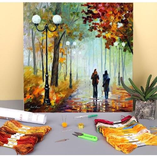 Oil Painting Style Foggy Day Printed Water-Soluble Canvas 11CT Cross Stitch Embroidery Set DMC Threads Sewing Different