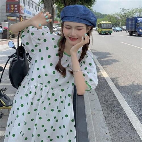 Korean Summer Sweet Preppy Style Dress O-Neck Cute Wave Point Printing Hollow Out Backless Design Puff Sleeve Girly Long Dresses
