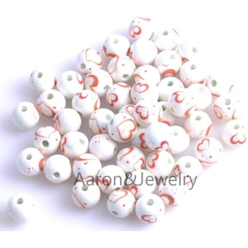12mm 30pcs white heart print Ceramic Round Loose Beads Fit Jewelry Diy Spacer beads YKL0312