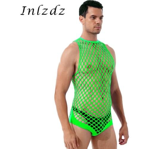 Mens Lingerie See-through Netted Sexy Bodystockings Nightwear Hollow Out Stretchy Bodysuits Halter Neck Sleeveless Teddies