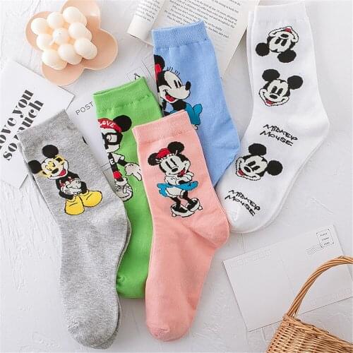 Disney Girls Socks Mickey Minnie Mouse Cartoon Cotton Breathable Women Socks 5 Pairs