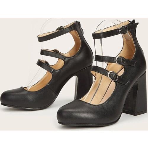 2021 New high heels womens new one-word buckle round toe thick high heels solid color Roman shoes 35-42