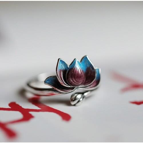 Luxury Blue Red Lotus Flower Big Adjustable Silver Color Rings For Women Fashion Dainty Finger Jewelry Gifts SR2280