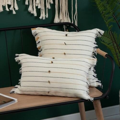 Handmade Cotton Woven Cushion cover Tassels pillow cover Ivory Black Yellow Stripe for Home decoration Sofa Bed 45x45cm/30x50cm