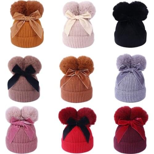 Toddler Baby Knit Woolen Beanie Hat Bowknot Double Pompom Thick Lined Skull Cap Q1FE