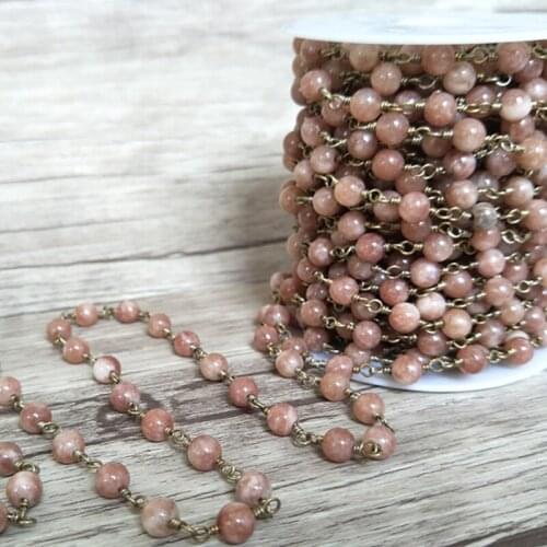 Handcrafted Gold color jewelry Finding,Natural pink sun Stone Beaded Chains,DIY necklace hand chain jewelry making LZ43