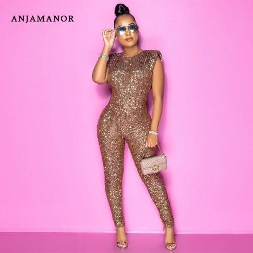 ANJAMANOR Glitter Sequin Sleeveless Bodycon Jumpsuit Sexy Women Clothes Luxury Plus Size Birthday Party Club Outfits D57-GZ38