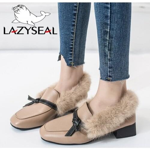 Lazyseal Square Toe Real Animal Fur Flats Heels Women Shoes Butterfly-knot Casual Shoes Loafers Women Heels Zapatos de mujer