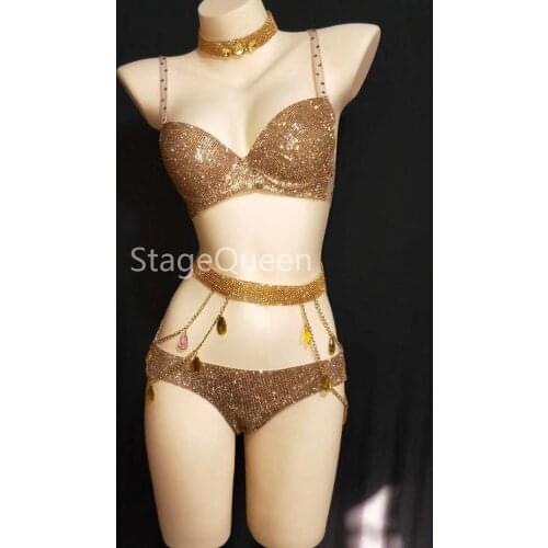 Women Gold Flashing Full Rhinestones Bra Short Birthday Celebrate Prom Show Bikini Set Nightclub Women Singer Outfit Dance Set
