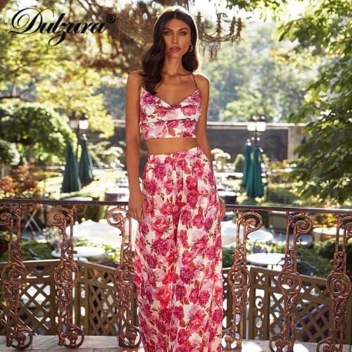 Dulzura Floral Print Women 2 Piece Set Strap Camis Lace Up Cross Bandage High Waist Wide Leg Pants Streetwear Elegant Party Club