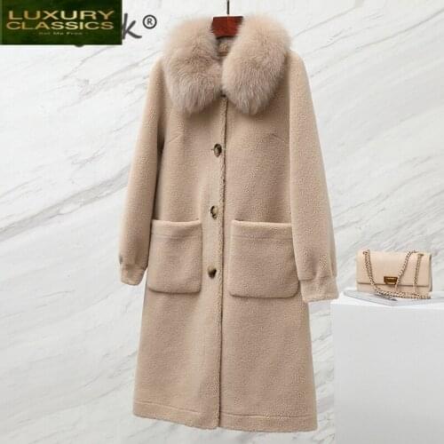 Coat Real Female Fur Vintage Winter Women Jacket + Fox Fur Collar 2021 Korean Warm Elegant Long Wool Coats Hiver 19C3180
