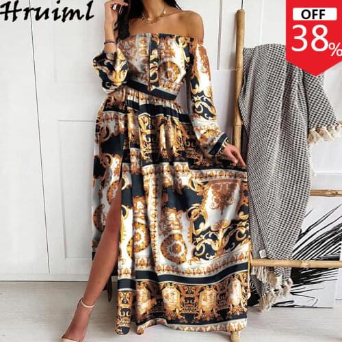 Fashion Women Dress Autumn Print Long Sleeve Off Shoulder High Waist Big Swing Split Lady Maxi Dress Sexy Evening Party Vestidos