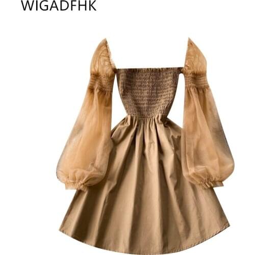 Ladies Autumn Dress Sexy Mesh Stitching Puff Sleeve One-shoulder Waist Waist Dress Solid Color Vestidos A-line Casual Dress