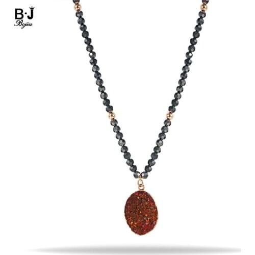 BOJIU Women Beaded Necklaces Black Crystal Bead Long Necklaces with Natural Durzy Pendant Women Decorations Jewelry NKS165