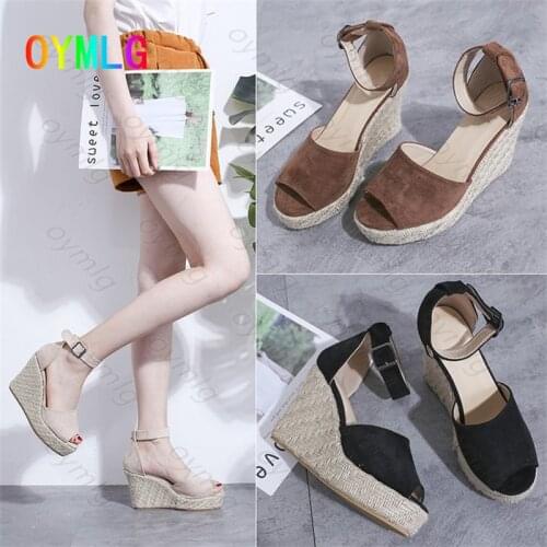 Plus size sandals 2021 fashion fish mouth wedge T-shaped Roman shoes suede buckle high heels shoes woman heels shoes for women