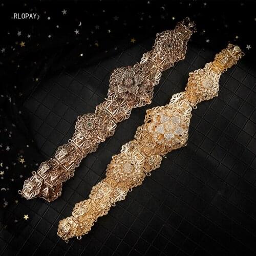 Turkish Dark Gold Waist Chain for Kaftan Dress Rhinestone Flower Belly Chains Arabic Bridal Jewelry Belts Plating Gold Luxury