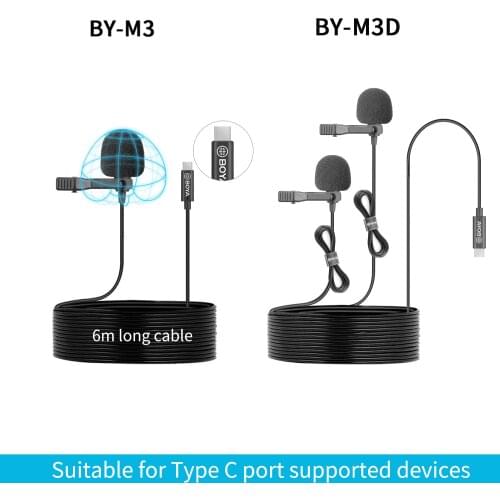 BOYA BY-M3 Digital Lavalier Lapel Microphone mini Mic Omnidirectional Single Head 6m Cable Compatible with USB Type-C Interface