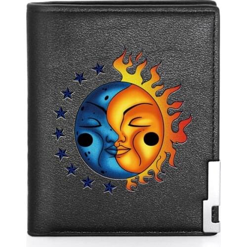Sun Moon Face Design Leather Men Women Wallet Classic Credit Card Holder Short Purse