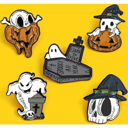 Enamel Pins Halloween Skeleton Skull Pumpkin Ghost Grave Coffin Brooch Bag Lapel Pin Gothic Badge Boo Jewelry Gift for Friends