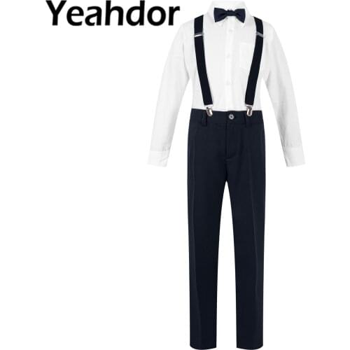 4Pcs Flower Boy Sets Kids Boys Party Suit Gentleman Bowtie + Long Sleeve Shirt + Suspenders + Pants Child Wedding Suits for Boys