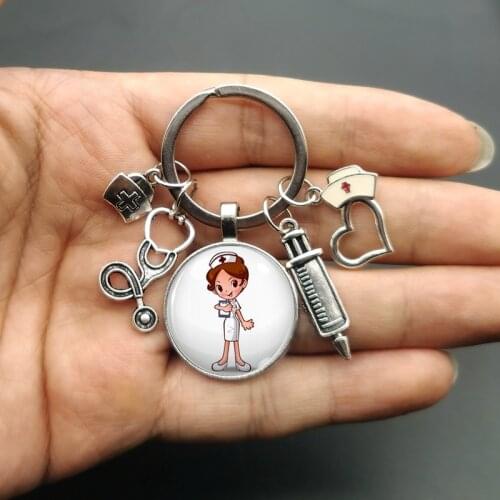 New/high quality 1 piece nurse medical syringe stethoscope image keychain glass cabochon and glass dome key ring pendant gift