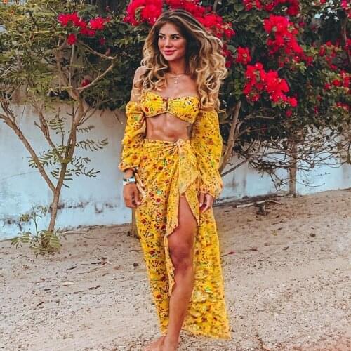 2021 New High Waist Long Sleeve Net yarn Bikini Sets Beach Cover Up Print Floral Swimwear Women Swimsuit Beachwear Bathing Suit