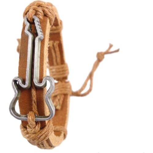 New guitar symbol alloy charm handmade hemp rope genuine leather wrap belt Bracelets bangle jewelry women men