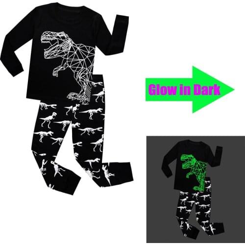Spring Full Sleeve Pajamas Kids Cartoon Dinasour Glow in Dark Pyjamas Girls Dragon Cotton Sleepwears Baby Nightwears Clothes