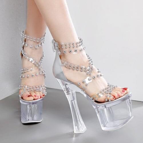18cm Super High Heels Womens Sandals Transparent Peep Toe High Platform Dance Chunky Heels Shoes N88